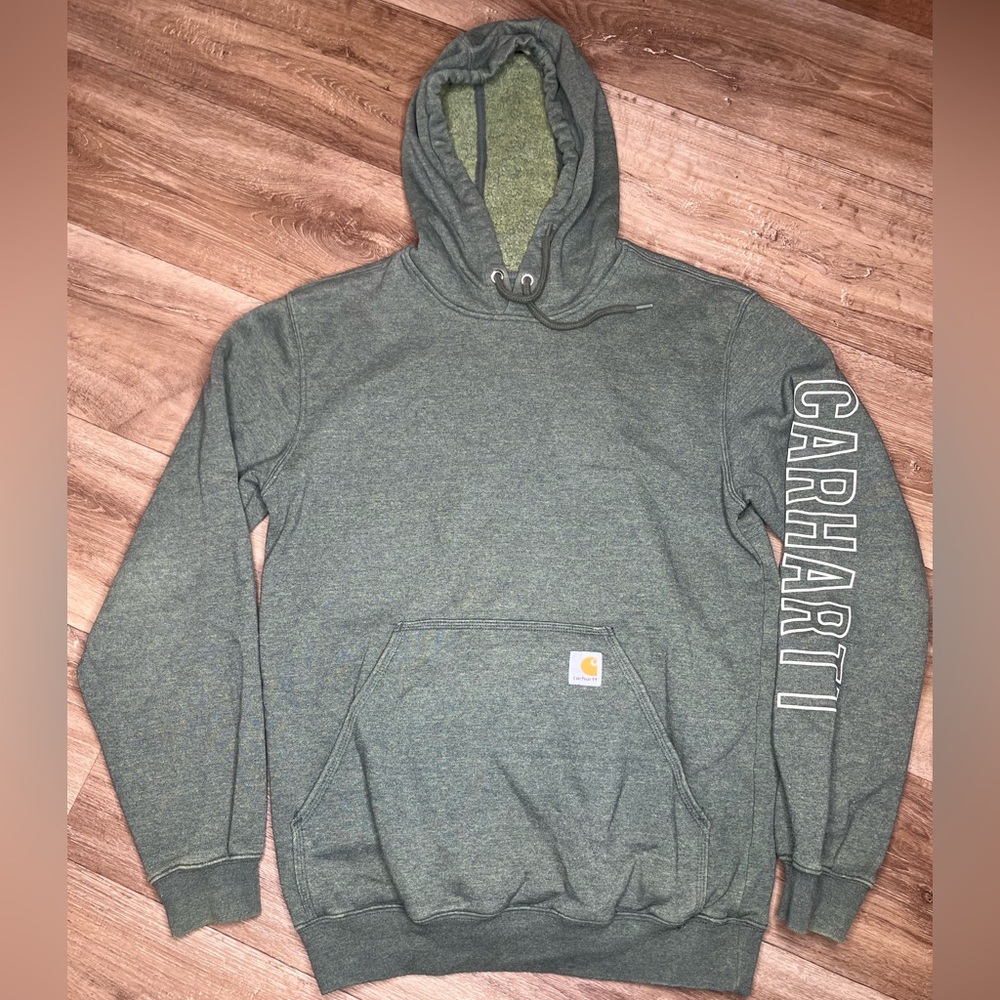 Carhartt Hoodie Mens S Sweatshirt Green Spellout Logo Workwear Pullover
